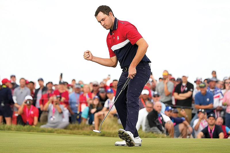 Team USA's Patrick Cantlay makes a putt on the 15th hole during Sunday's singles match in the Ryder Cup at Whistling Straits Golf Course in Sheboygan, Wis.