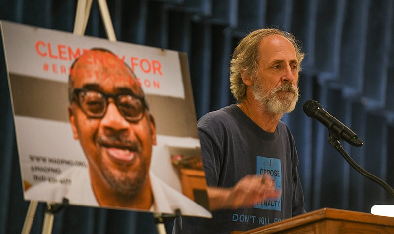 Jeff Stack of Mid-Missouri Fellowship of Reconciliation speaks Wednesday, Sept. 29, 2021, at the Missouri Capitol on behalf of clemency for Ernest Johnson, an inmate housed at Potosi Correctional Center who is scheduled for execution on Oct. 5, 2021, at Bonne Terre.