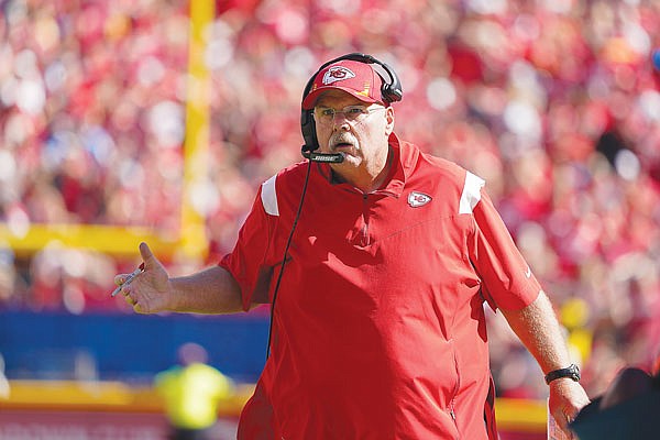 Chiefs coach Andy Reid questions a call during last Sunday's game against the Chargers at Arrowhead Stadium.