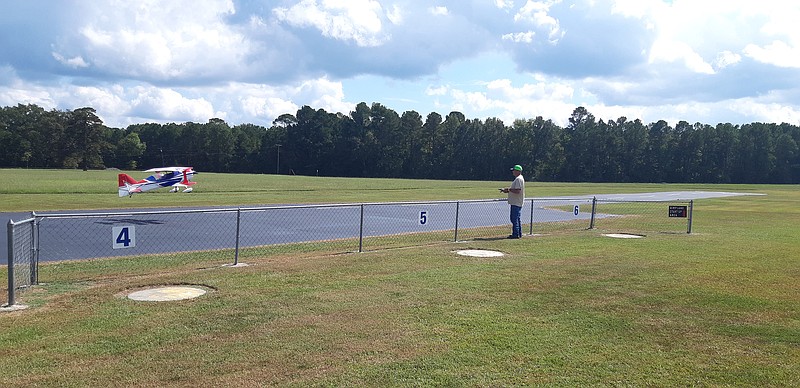 Greg Skinner of Oscar, Oklahoma, flies his Mamba 120, produced by Flex Innovations, out at Ravel Stroman Field, Wright Patman Lake, during the Texarkana Radio Control Flying Club Fly-In 2021. This event brings flyers from all over the Four States Area to meet others who love this hobby.