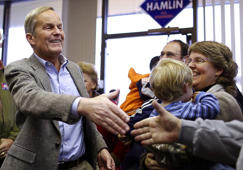In this Nov. 5, 2012, file photo, Todd Akin, then a Missouri Republican Senate candidate, campaigns in Florissant, Mo. Akin died Sunday, Oct. 3, 2021, at age 74. (AP Photo/Jeff Roberson, File)