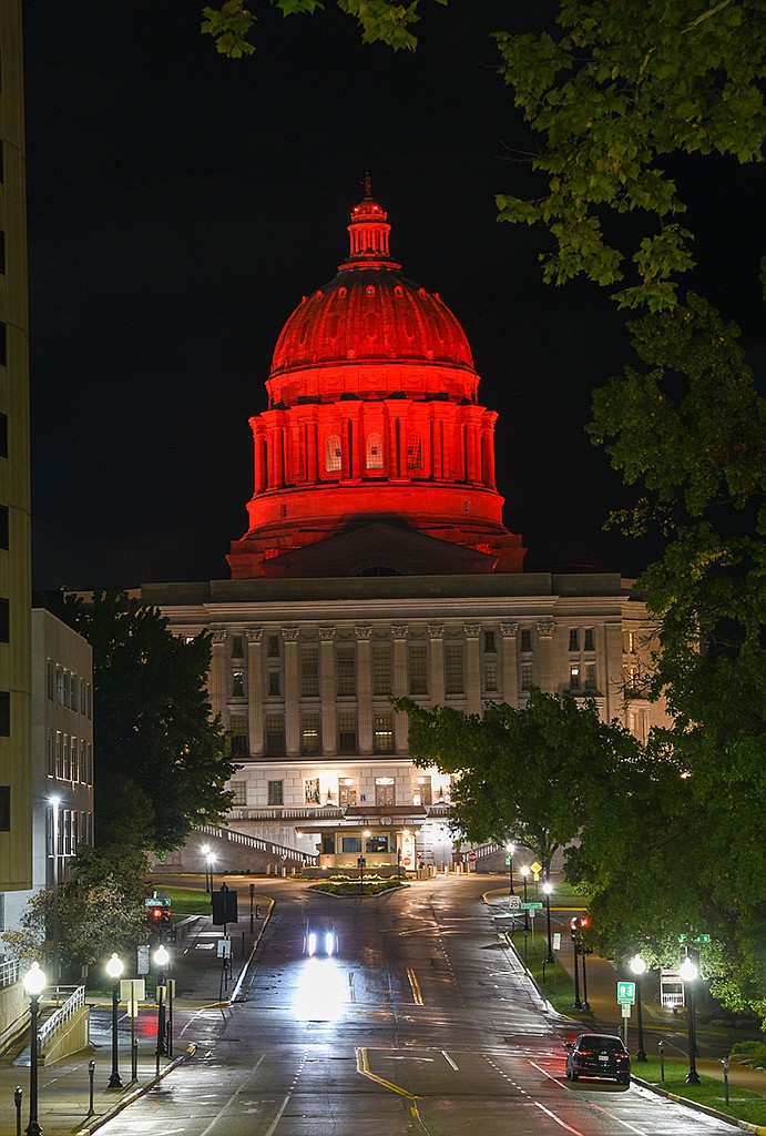 The dome at the Missouri Capitol is seen illuminated in red Monday, Oct. 4, 2021, as a reminder of Fire Prevention Week. (Julie Smith/News Tribune photo)