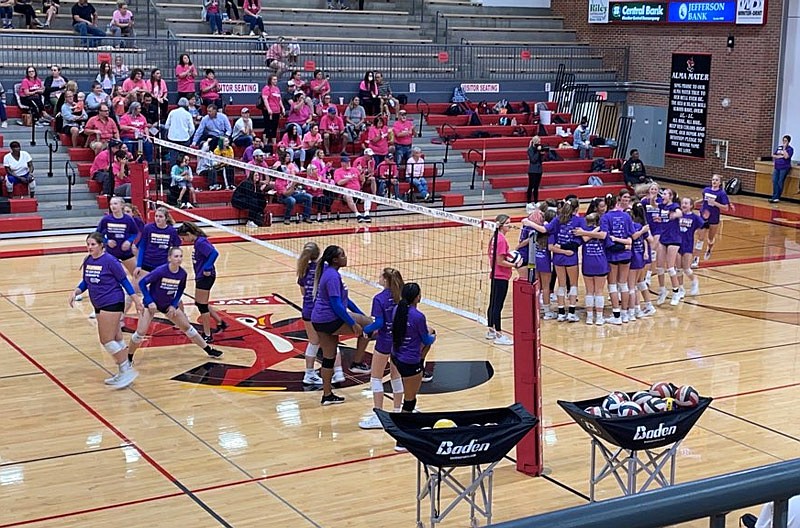 Warmups start Tuesday, Oct. 5, 2021, in Fleming Field House where the Jefferson City Lady Jays host the Capital City Lady Cavaliers in a Central Missouri Activities Conference volleyball match.