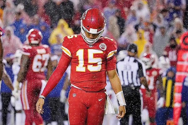 Chiefs quarterback Patrick Mahomes hangs his head during the second half of Sunday night's game against the Bills at Arrowhead Stadium.