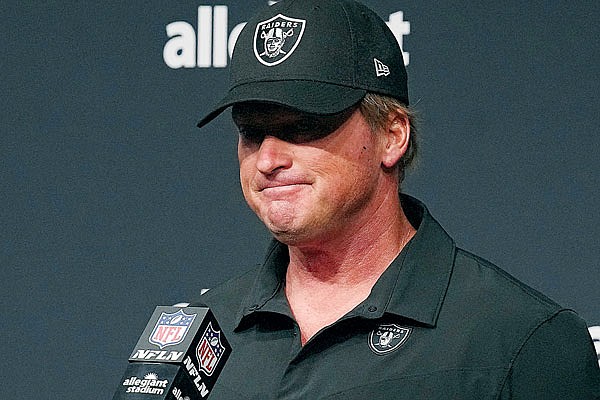 Raiders head coach Jon Gruden speaks during a news conference after Sunday's game against the Bears in Las Vegas.