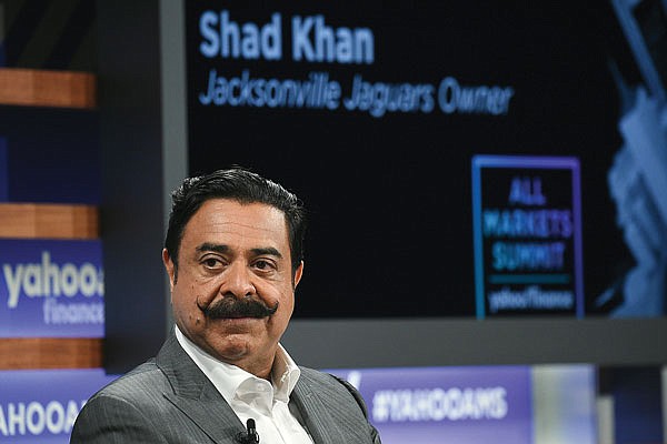 In this Oct. 10, 2019, file photo, Jaguars owner Shad Khan participates in the Yahoo Finance All Markets Summit at Union West in New York.