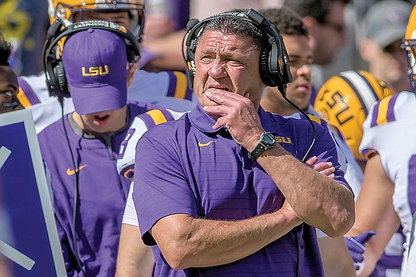 LSU head coach Ed Orgeron looks toward the field during Saturday's game against Florida in Baton Rouge, La.