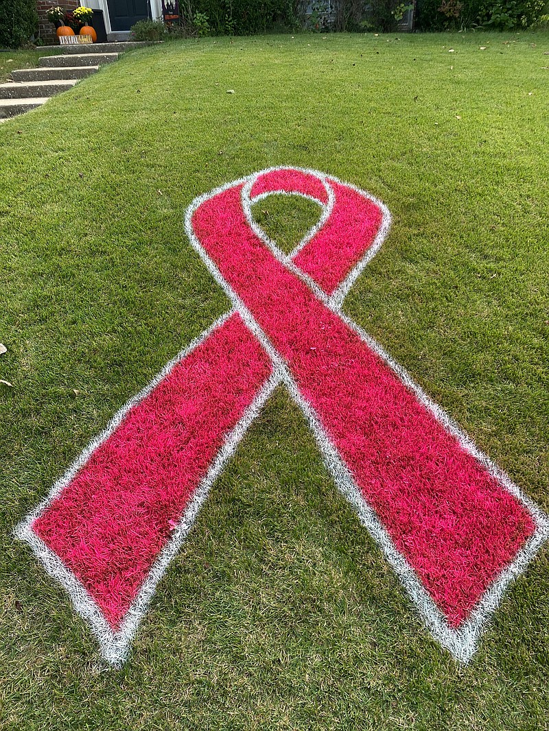 <p>Submitted</p><p>Breast cancer awareness ribbons like this one have been painted on lawns around Moniteau County and Mid-Missouri thanks to the fundraising efforts of State Technical College of Missouri instructor Nick Rackers. Rackers has been painting the ribbons for anyone who donates $50 or more to his “Real Men Wear Pink” fundraising campaign.</p>