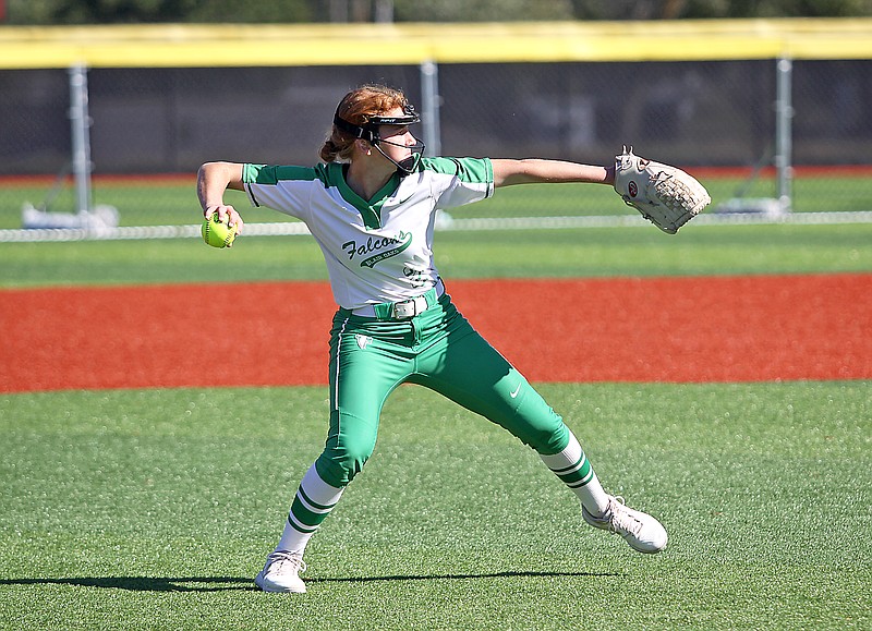 Blair Oaks shortstop Emma Wolken fields the ball and throws to first base during the sixth inning of last Saturday's Class 3 District 5 Tournament championship game against Fatima at Audrey J. Walton Stadium in Versailles.