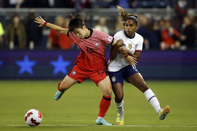 South Korea midfielder Park Yeeun is held by United States midfielder Catarina Macario during the first half of Thursday's international friendly in Kansas City, Kan.