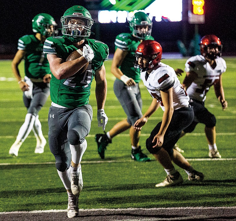 Blair Oaks running back Cadon Garber carries the ball into the end zone for a touchdown during last Friday night's game against Southern Boone at the Falcon Athletic Complex in Wardsville.