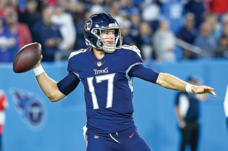 Titans quarterback Ryan Tannehill passes in the first half of Monday night's game against the Bills in Nashville, Tenn.