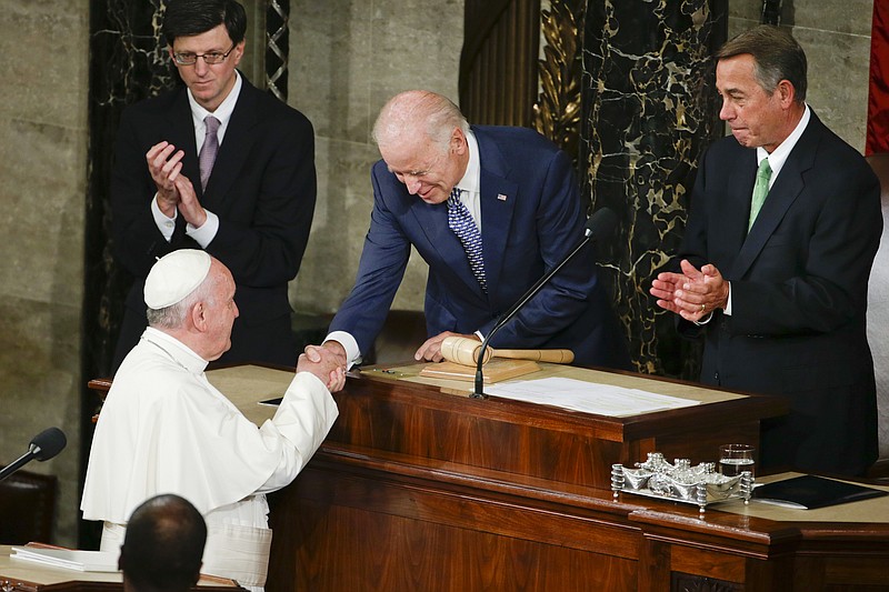 <p>AP</p><p>Vice President Joe Biden shakes hands with Pope Francis in September 2015, prior to the pope’s address to a joint meeting of Congress on Capitol Hill in Washington, D.C., making history as the first pontiff to do so. Biden is scheduled to meet with Pope Francis this coming Friday at the Vatican.</p>