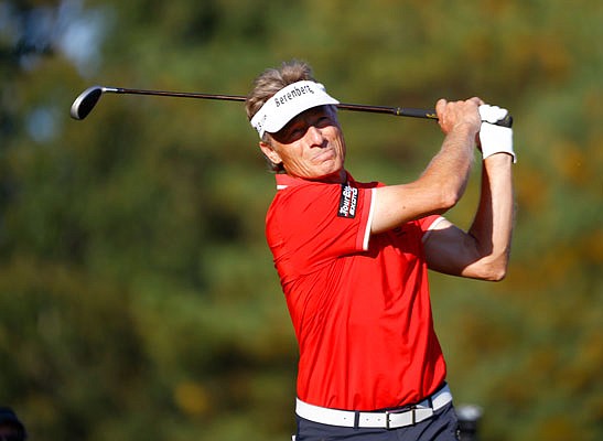 Bernhard Langer watches his tee shot in the 17th hole during Sunday's final round of the Dominion Energy Charity Classic at Country Club of Virginia in Richmond, Va.