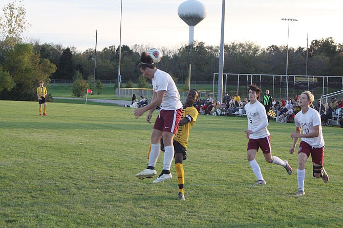 Sophomore Christian Mahoro is beaten for the ball at midfield as Osage heads it away Tuesday in Fulton's 3-0 loss at home. It was the third time in four games the Hornets were shut out as they continue to deal with a shorthanded roster.