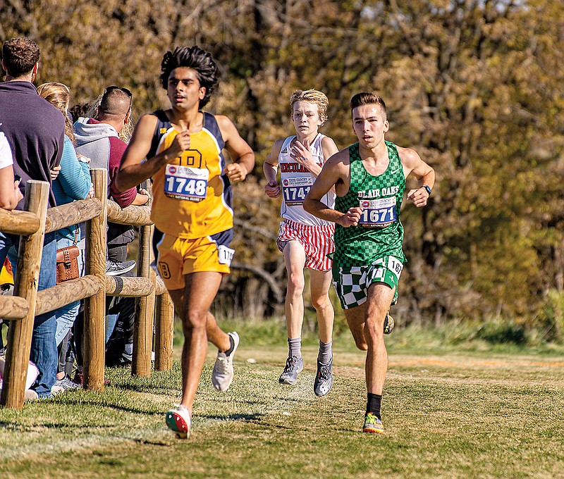 Levi Frisbie of Blair Oaks runs Saturday in the Class 3 boys state cross country championships at Gans Creek Cross Country Course in Columbia.