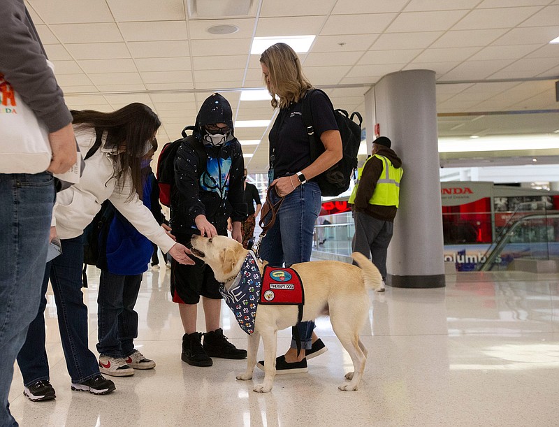 The Shoup family stops on the way to their flight to pet Yakeley, a dog from Paw Force One, a group of therapy dogs at the airport, in John Glenn Columbus International Airport in Columbus, Ohio, on Nov. 4, 2021. (Alie Skowronski/Columbus Dispatch/TNS)