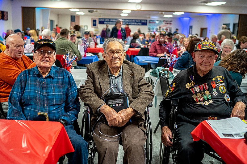 <p>Wilburn Rowden, Charles Smith and Harry Reed pose for a portrait Friday at the Disabled American Veteran’s Save a Hero event at the Disabled American Veterans lodge. The three are World War II veterans and were honored at the event. (Ethan Weston/News Tribune)</p>