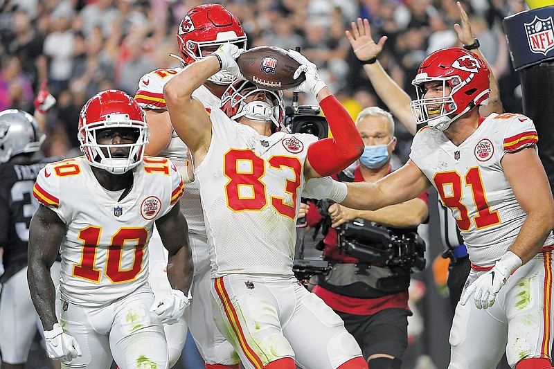 Chiefs tight end Noah Gray celebrates after scoring a touchdown during Sunday night's game against the Raiders in Las Vegas.