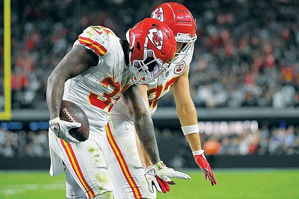 Chiefs running back Darrel Williams celebrates after scoring a touchdown during last Sunday night's game against the Raiders in Las Vegas.