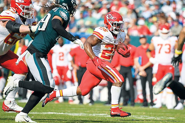 In this Oct. 3 file photo, Chiefs running back Clyde Edwards-Helaire carries the ball during a game against the Eagles in Philadelphia.