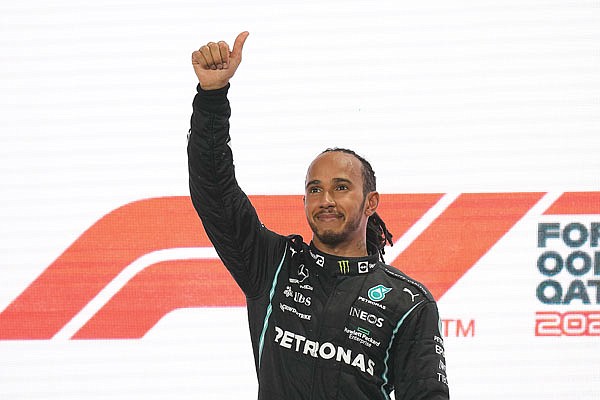 Lewis Hamilton celebrates his victory Sunday after the Qatar Formula One Grand Prix at the Lusail International Circuit in Lusail, Qatar.