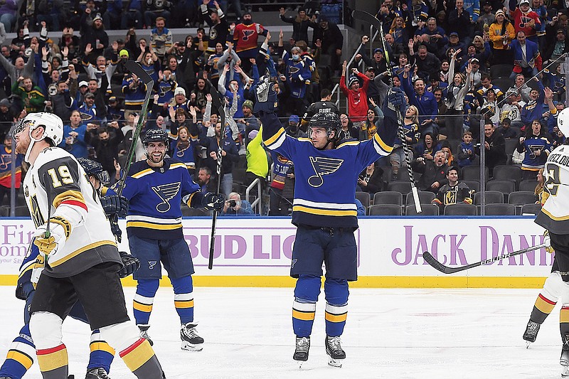 Brandon Saad of the Blues celebrates after scoring a goal during the second period of Monday night's game against the Golden Knnights in St. Louis.
