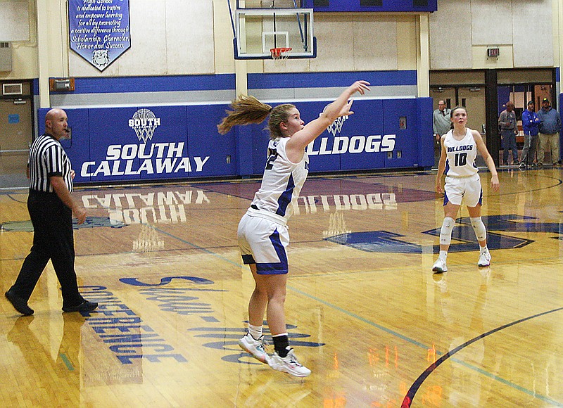 Senior Grace Pontius makes one of her three 3-pointers off the bench Monday in South Callaway's 67-65 loss against Montgomery County in Mokane. Pontius finished with 11 points for the Lady Bulldogs.