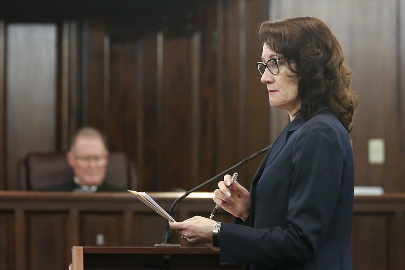 Prosecutor Linda Dunikoski looks on during the trial of William "Roddie" Bryan, Travis McMichael and his father Gregory McMichael, all charged with the February 2020 death of 25-year-old Ahmaud Arbery, Tuesday, Nov. 23, 2021, at the Glynn County Courthouse in Brunswick, Ga. (Octavio Jones/Pool Photo via AP)