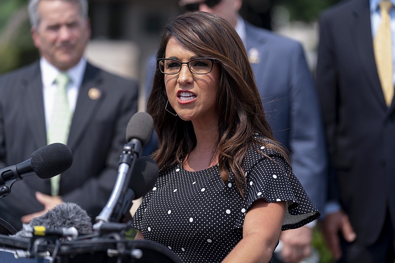 FILE - Rep. Lauren Boebert, R-Colo., speaks at a news conference held by members of the House Freedom Caucus on Capitol Hill in Washington, on July 29, 2021. Boebert has spoken by phone with Rep. Ilhan Omar, D-Minn., just days after likening her to a bomb-carrying terrorist. By both lawmakers' accounts, the call Monday did not go well. (AP Photo/Andrew Harnik, File)