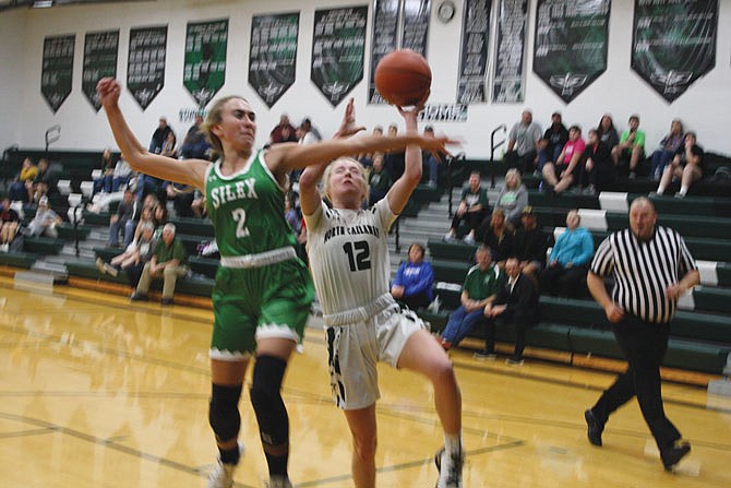 North Callaway sophomore Abrielle Burgher sheds contact from Silex's Abagail Mooney on Thursday in the Ladybirds' 47-32 win at home. The Ladybirds made a greater effort to take the ball inside against the Lady Owls and made their first trips to the free throw line this season.