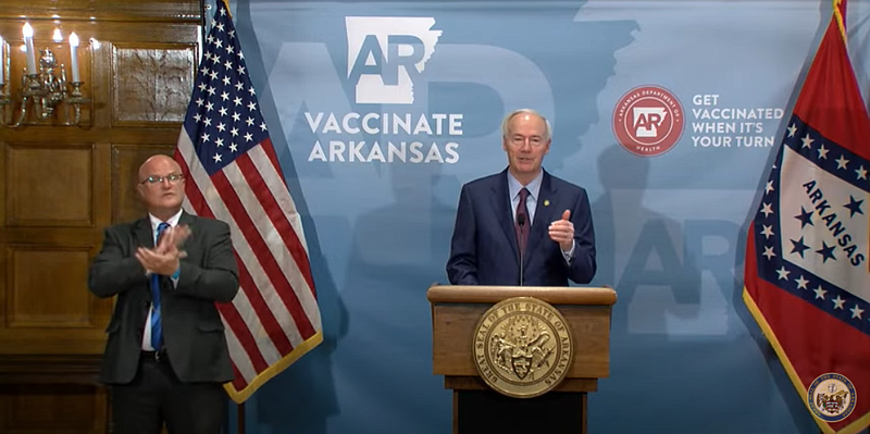 Gov. Asa Hutchinson speaks Tuesday, April 20, 2021, during a covid-19 briefing.