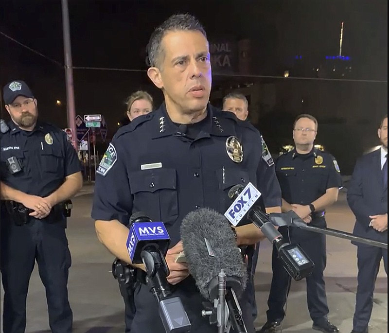 This photo provided by Austin Police Department shows Chief Joseph Chacon providing an update on overnight shootings in Austin, Texas, early Saturday, June 12, 2021. Chacon says gunfire erupted in a busy entertainment district downtown early Saturday injuring several. (Austin Police Department via AP)