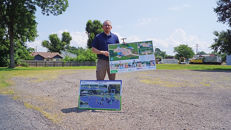 Atkins Mayor Rowdy Sweet stands on city-owned property at Arkansas 105 and 64, where Atkins City Park will be built. The plans include a splash pad and handicapped-accessible playground equipment. Sweet said groundbreaking will be held “any time,” and the projected completion date is Aug. 31.