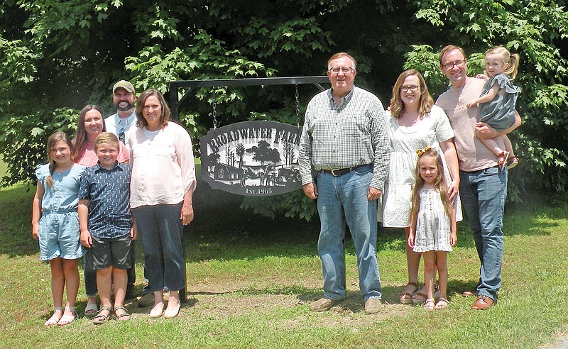 The Dennis Broadwater family of the New Hope community is the 2021 North Central District Farm Family of the Year, as well as the 2021 Independence County Farm Family of the Year. Dennis and Tracy Broadwater raise hay and cattle on their 470-acre farm. Tracy Broadwater is shown at left with the couple’s older daughter, Laura Keller, and her husband, Rusty, with their children, Lainey, 10, and Rhett, 9. Dennis Broadwater is shown at right with the couple’s younger daughter, Salley Shewmaker, and her husband, Phillip, and their daughters, Emma, 6, and Amelia, 3.