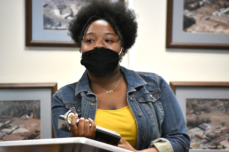 Watson Chapel High School senior Tyra Ashcraft addresses school board members after being honored as a Wildcat Warrior on Monday, Sept. 13, 2021. (Pine Bluff Commercial/I.C. Murrell)