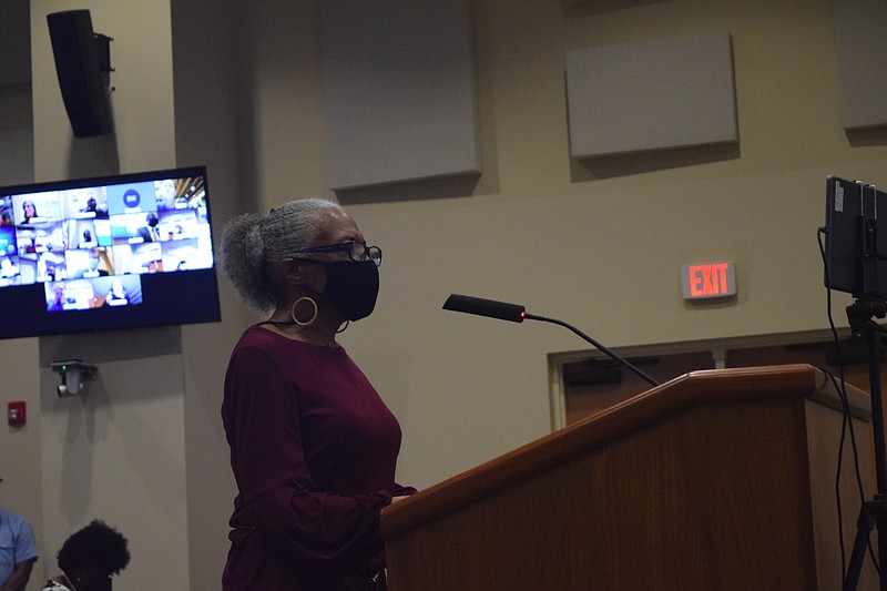 Loretta Hendrix, the daughter of the late Little Rock City Director Erma Hendrix, addresses members of the Little Rock Board of Directors at a Tuesday, Sept. 21, 2021 meeting. (Arkansas Democrat-Gazette/Joseph Flaherty)