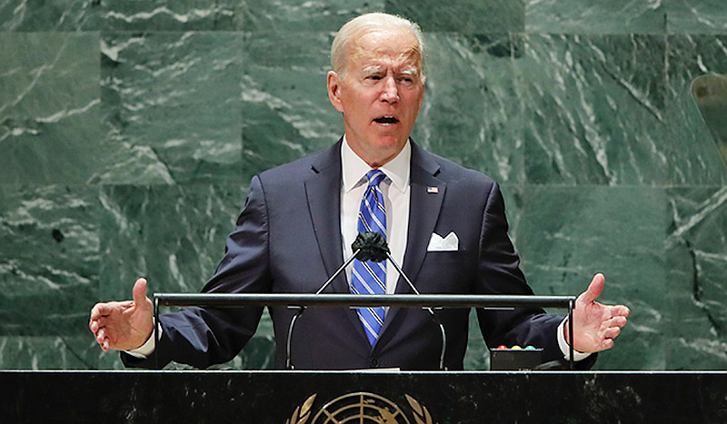 President Joe Biden speaks during the 76th Session of the United Nations General Assembly at U.N. headquarters in New York on Tuesday, Sept. 21, 2021.  (Eduardo Munoz/Pool Photo via AP)
