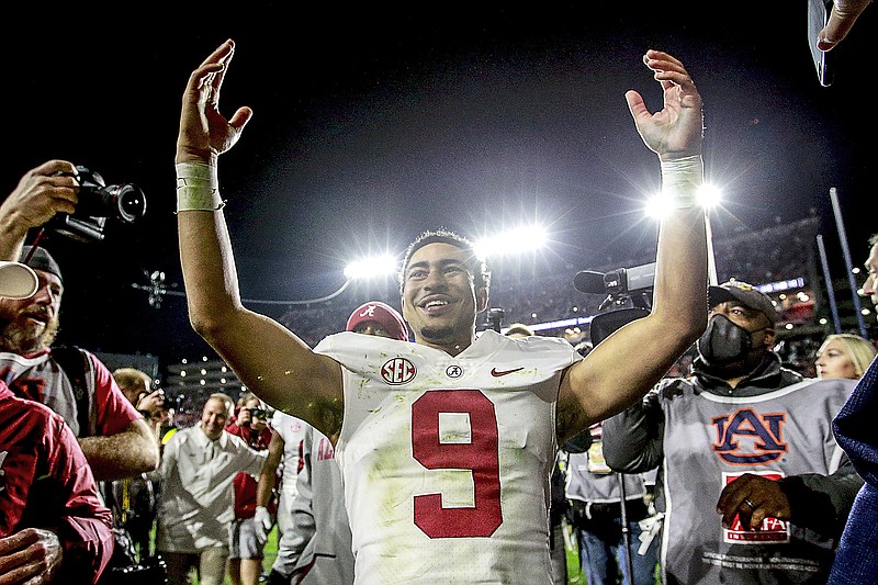 Alabama quarterback Bryce Young celebrates after Alabama defeated Auburn during last month's game in Auburn, Ala. (Associated Press)