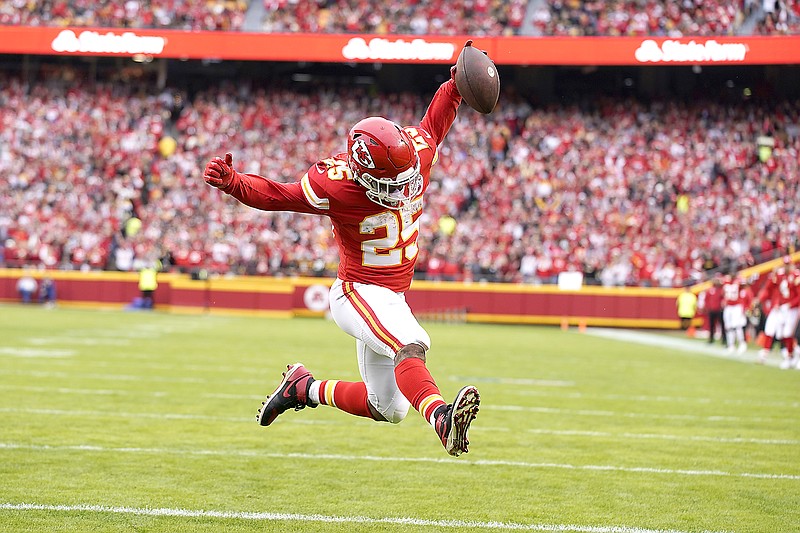 Chiefs running back Clyde Edwards-Helaire celebrates as he scores on a touchdown run during the first half of last Sunday's game against the Steelers at Arrowhead Stadium in Kansas City. (Associated Press)