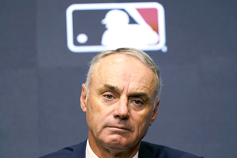 In this Dec. 2, 2021, file photo, Major League Baseball commissioner Rob Manfred speaks during a press conference in Arlington, Texas. (Associated Press)