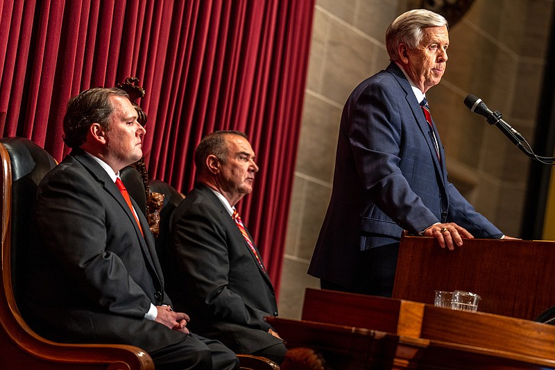Gov. Mike Parson speaks Wednesday, Jan. 19, 2022, before a joint session of the Missouri General Assembly during his annual State of the State address at the Missouri State Capitol in Jefferson City.