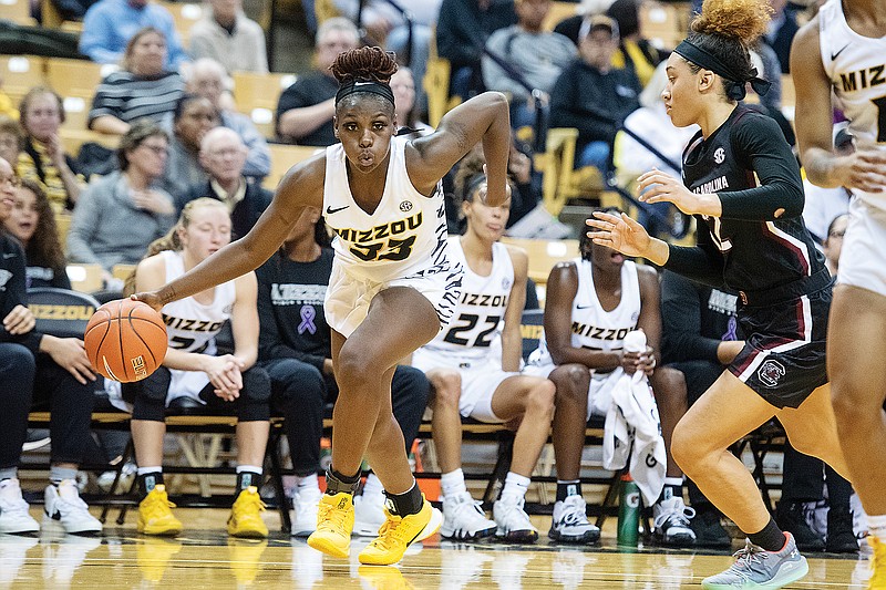 In this Jan. 16, 2020, file photo, Missouri’s Aijha Blackwell drives toward the basket during a game against South Carolina at Mizzou Arena. Blackwell was named the Southeastern Conference’s co-player of the week Tuesday. (Associated Press)