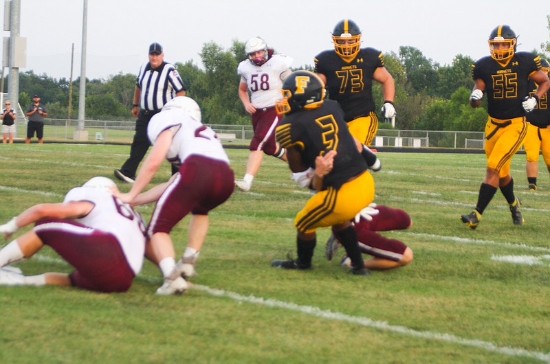 Fulton senior offensive lineman Curtis Humphreys (73) plays in an August 2021 game at home against School of the Osage. The three-time all-NCMC selection Humphreys committed to NCAA Division II Missouri S&T.