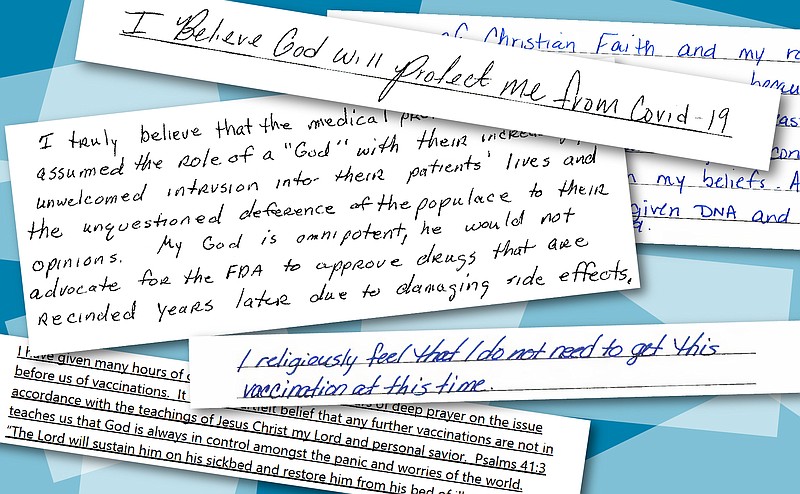 Several employees of the Arkansas Department of Human Services requested and received exemptions from a federal covid-19 vaccination requirement due to their religious beliefs. Their reasons ranged from concerns that the vaccine is unsafe, objection to the use of fetal cell lines in developing the vaccines and faith that God alone will protect and heal them from covid-19.