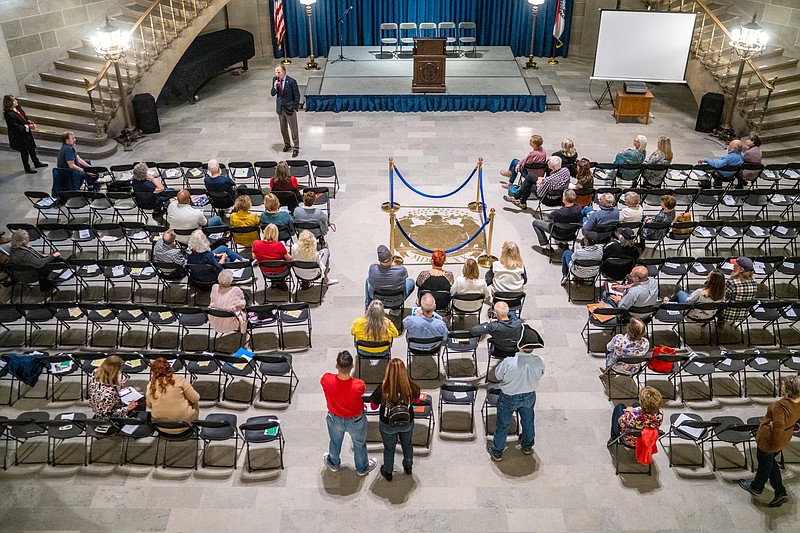 Supporters sit in on an election integrity rally Wednesday, March 2, 2022, at the Missouri Capitol in Jefferson City. Speakers included Secretary of State Jay Ashcroft, state senators and representatives and U.S. Senate candidate Mark McCloskey. (Ethan Weston/News Tribune photo)