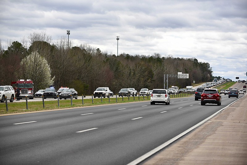 Police respond to a fatal crash on Interstate 430 northbound near the Colonel Glenn exit, Wednesday, March 23, 2022. (Arkansas Democrat-Gazette/Staci Vandagriff)