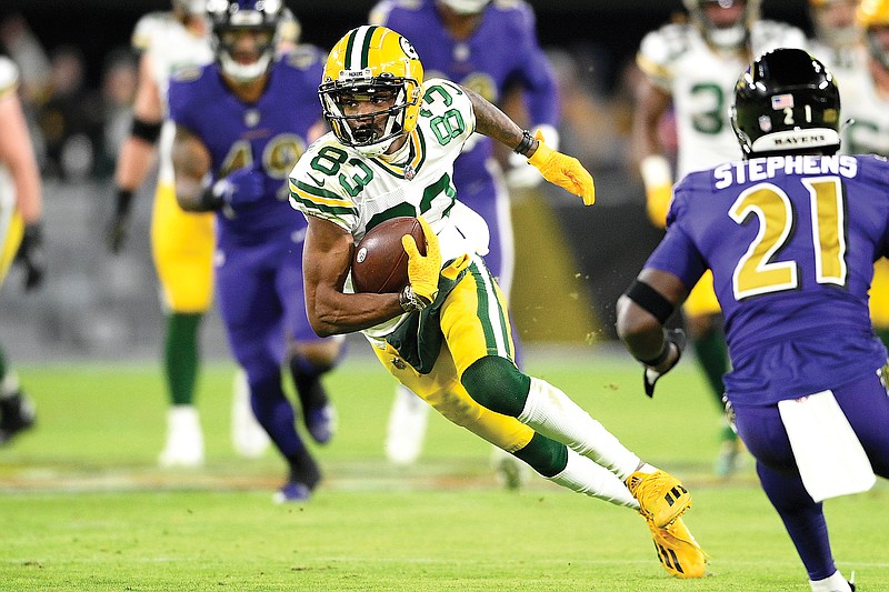 In this Dec. 19, 2021, file photo, Packers wide receiver Marquez Valdes-Scantling runs with the ball in a game against the Ravens in Baltimore. (Associated Press)