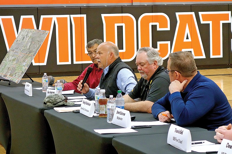 Callaway County Presiding Commissioner Gary Jungermann addresses residents’ questions Wednesday at a town hall hosted by The New Bloomfield Concerned Citizens Against Guthrie Solar group on the potential solar project discussed for the area. (Michael Shine/FULTON SUN)