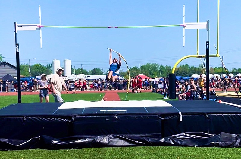 South Callaway junior Lacey Mathews rises in the girls’ pole vault Saturday at the Class 2 Sectional 2 meet in Monroe City. Mathews finished second to qualify for the state meet in Jefferson City this week and also broke the school record. (Submitted by South Callaway track and field)